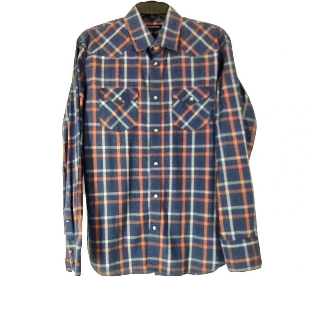Banana Republic Shirt Mens M Western Pearl Snap Plaid Blue Orange Weekend Casual